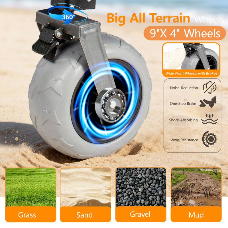 Multi-Functional Push-Pull Folding Wagon Cart with Rotating Handle & Canopy, 9"x4" Beach Tires, 300L Large Capacity