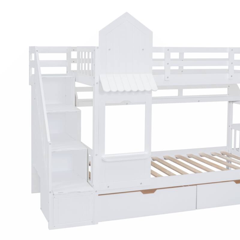 Twin-Over-Twin Castle Style Bunk Bed with 2 Drawers 3 Shelves and Slide