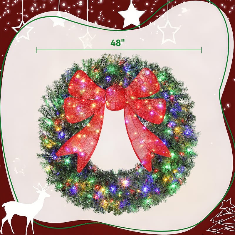 HOMCOM 48in Pre-Lit Xmas Wreath: 200 LED, 11 Modes, Remote, 3D Bow, Indoor/Outdoor