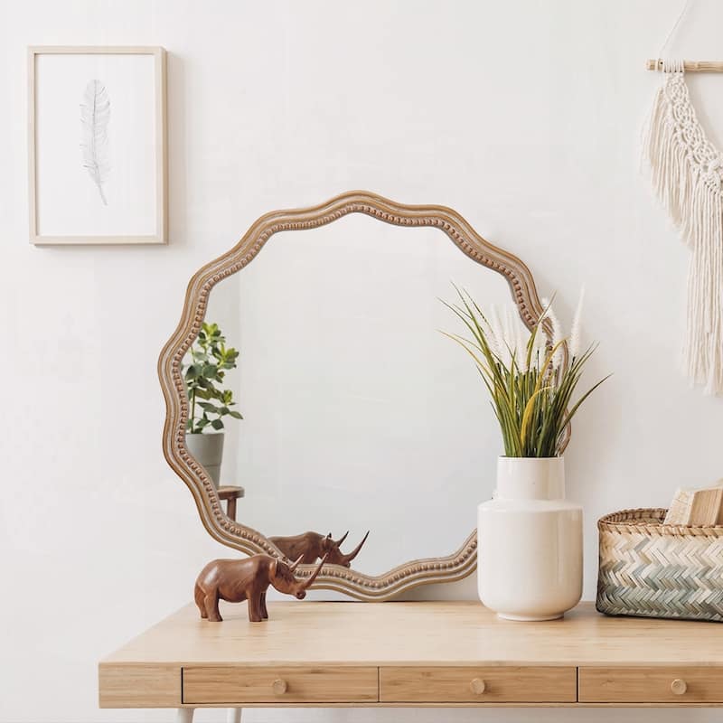 Large Decorative Wood Framed Hanging Circle Mirror - Antique Natural