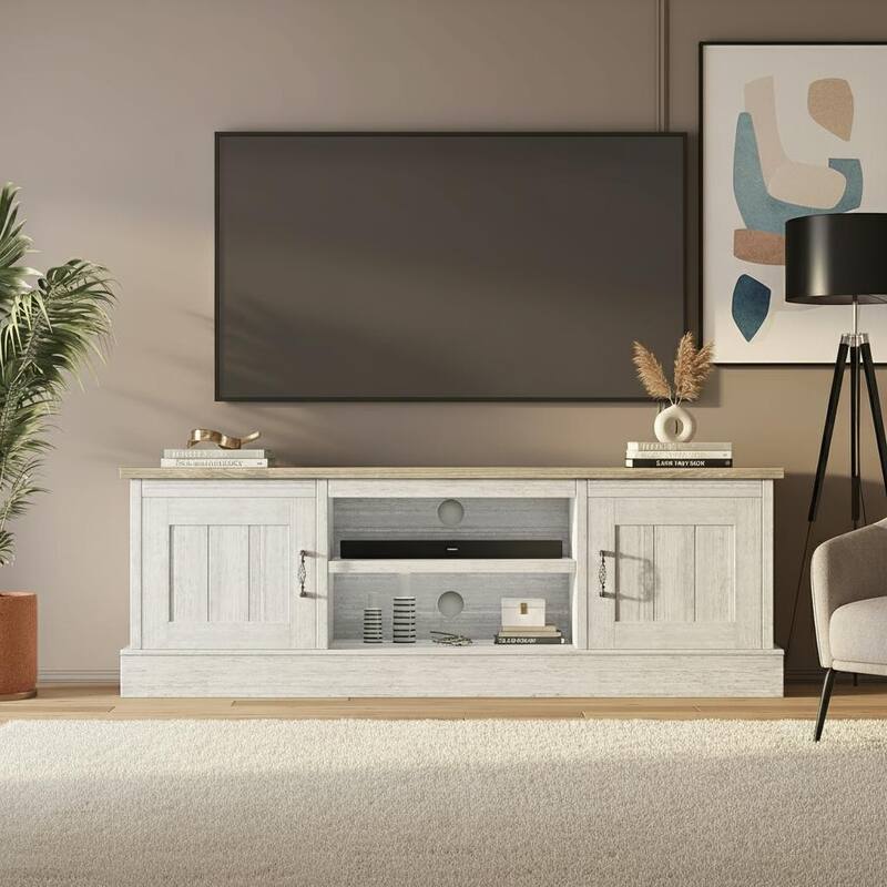 Farmhouse TV Stand, with Storage Cabinets - Dark Light