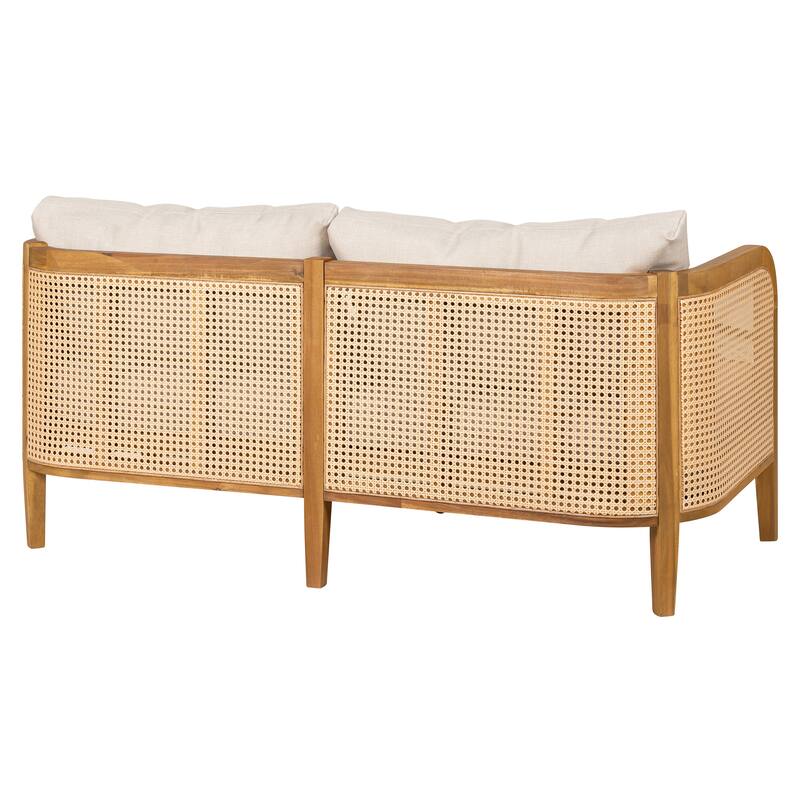 Roomfitters Kirkby Outdoor Acacia Wood Sofa with Wicker Back and Cushion, Boho Teak Finish