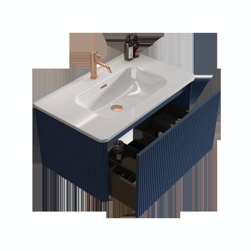 30" Striped Bathroom Vanity with White Ceramic Sink, Wall Mounted Floating Vanity