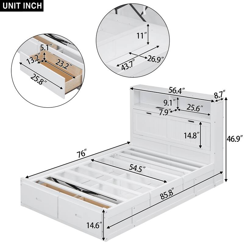 Wooden Bed with LED Storage Headboard, Charging Station, and 2 Drawers