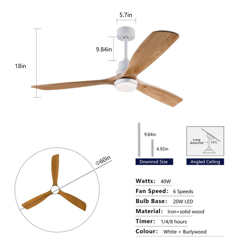 60 Inch Modern Ceiling Fan With 3 Color Dimmable 3 Solide Wood Blades Remote Control Reversible DC Motor With Led Light