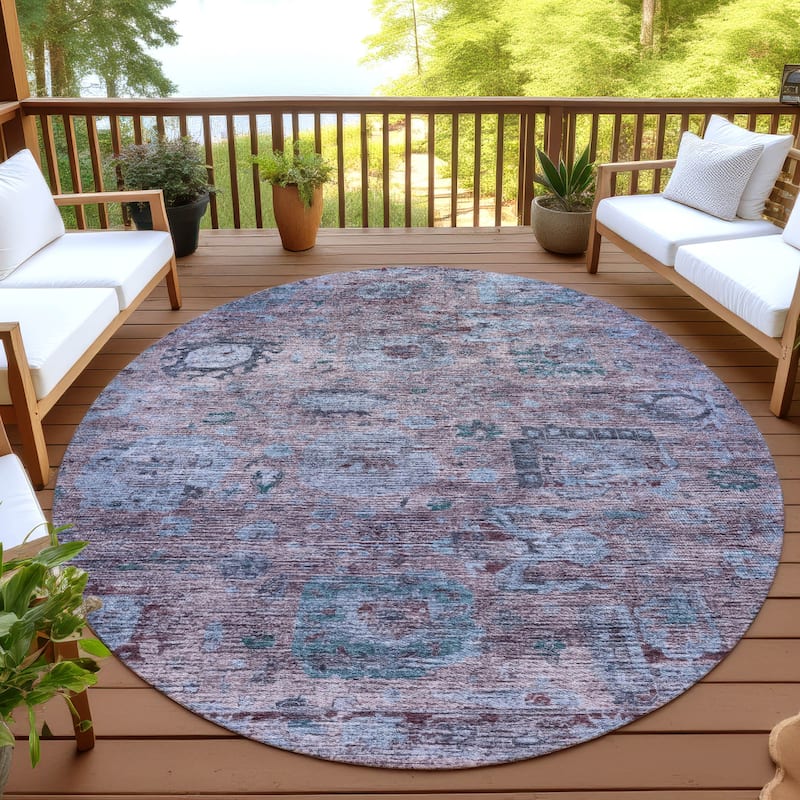 Machine Washable Indoor/ Outdoor Vintage Traditional Chantille Rug - Plum - 8' x 8'