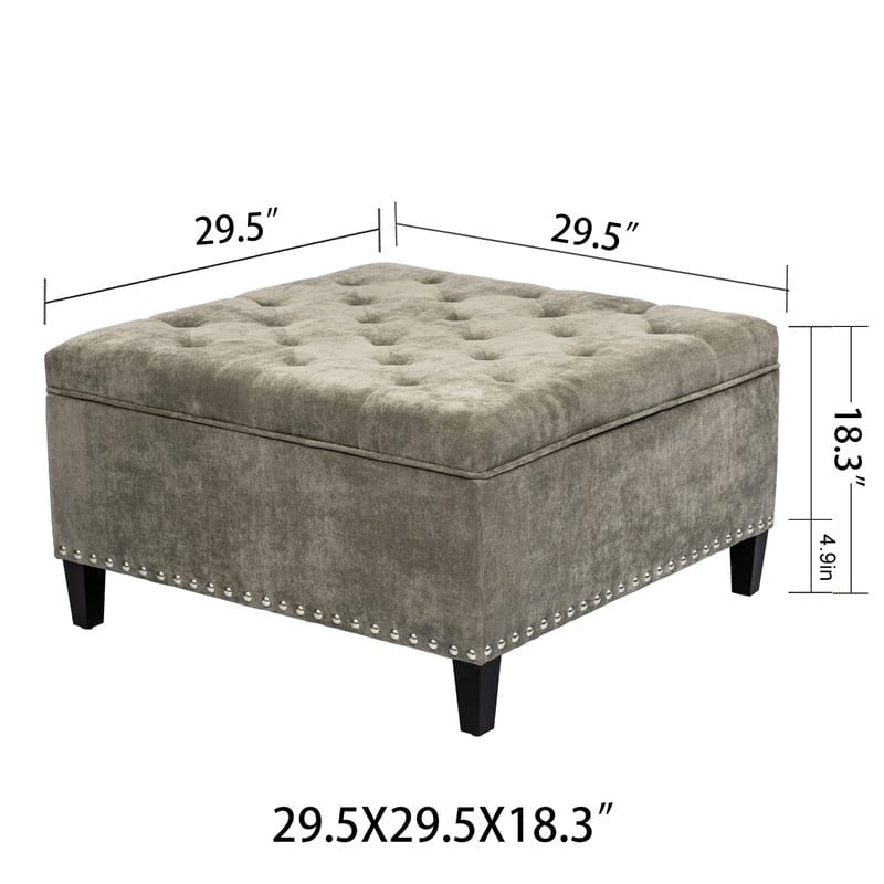 Adeco Large Square Footstool Fabric Storage Ottoman Bench Light Grey