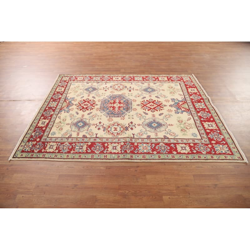 Geometric Beige Kazak Area Rug Hand-Knotted Traditional Wool Carpet - 5'0" x 6'3"