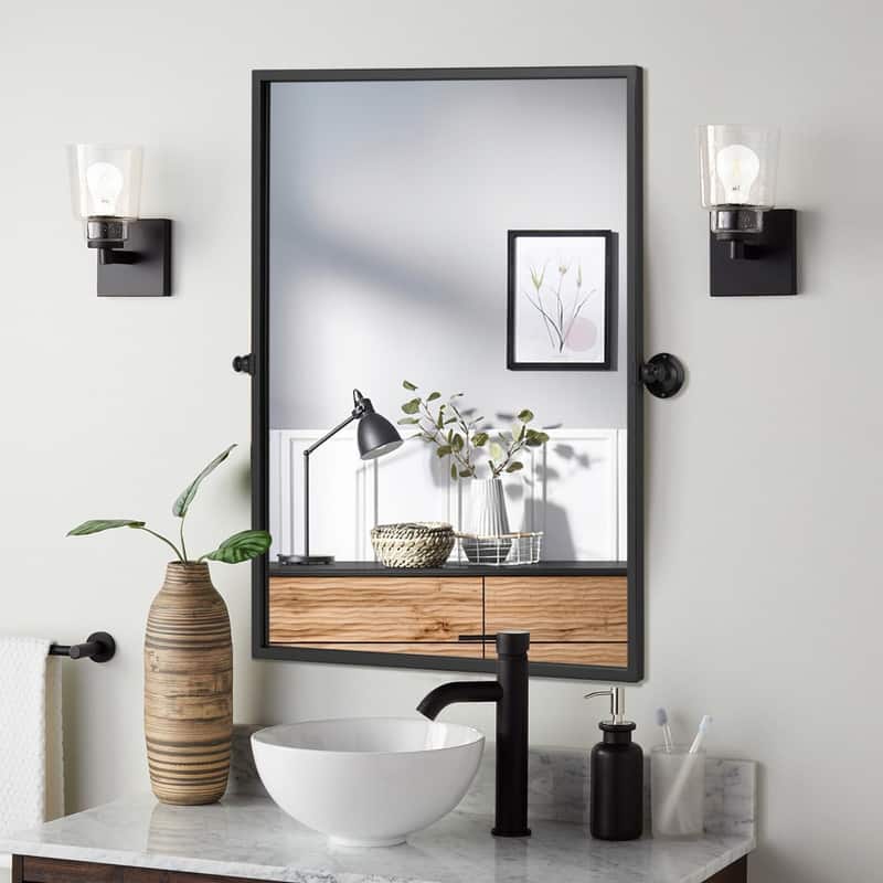 Rectangular Metal Framed Pivoted Bathroom Wall Vanity Mirror Adjustable Wall-Mounted For Modern Wall Decor - 31" x 24" - Black Rectangular