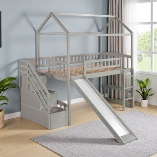 Twin Wood Loft Bed with 2 Drawers, Slide & Storage Staircase - Bed Bath ...