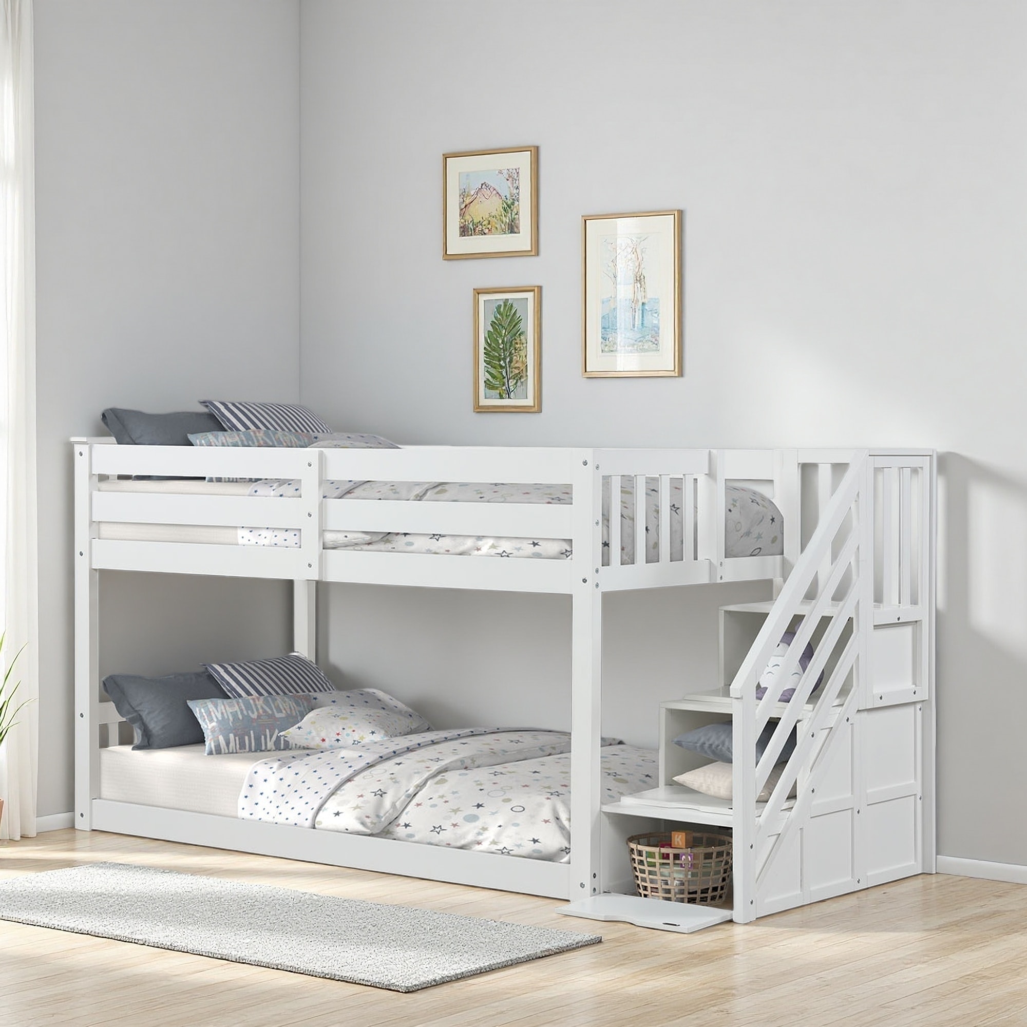 Twin-Over-Twin Pinewood Bunk Bed with Reversible Storage Drawers, Staircase, Low Bunk Mattress Ready Bedroom Furniture