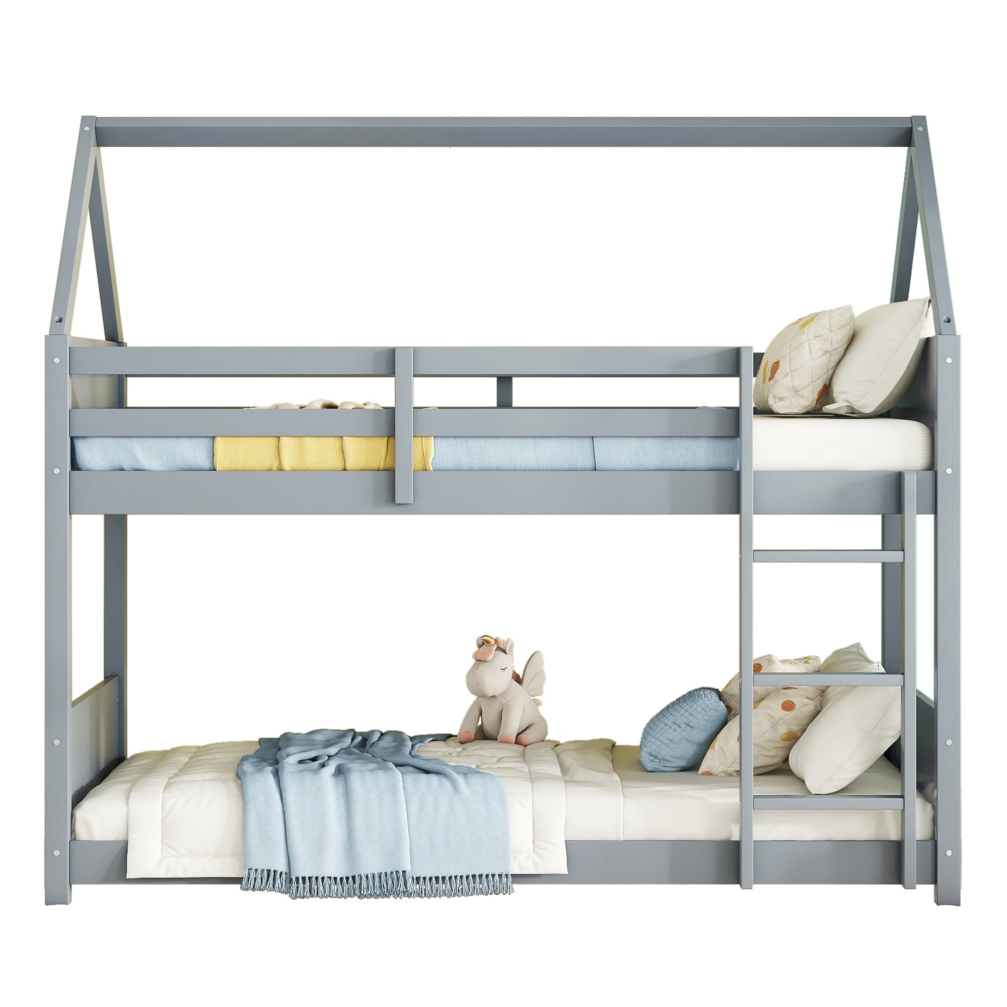 Twin Over Twin House Bunk Bed, Rubber Wood, Grey