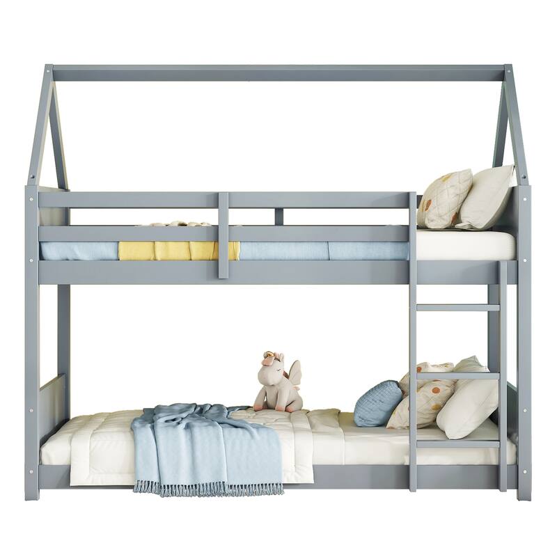 Twin Over Twin Low Bunk Bed with House-shaped Bed Roof Frame, Ladder, Guardrails, Headboards and Footboards For Kids Floor Bed