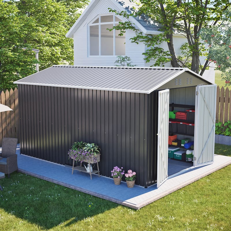 GDFStudio - Large Heavy Duty Metal Tool Storage with Lockable Doors for Easy Access, Storage for Backyard Garden Patio Lawn