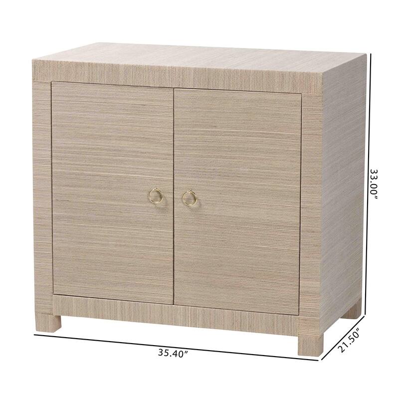 Halen Natural Grasscloth Storage Cabinet - Two-Door Console Storage Solution with Gold Ring Pulls, Modern Coastal Organizer