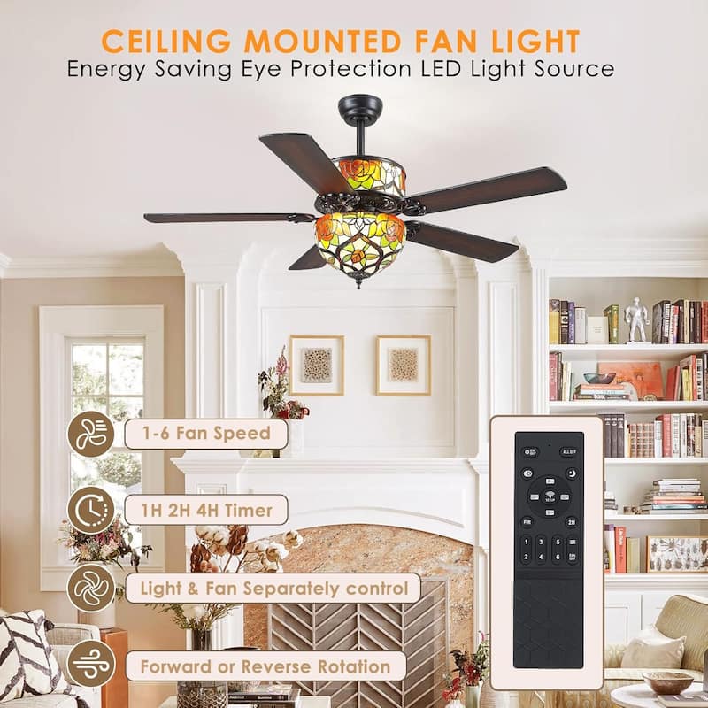 50" TiffanyTropical Ceiling Fan with 5 Palm Leaf Bllades and Vintage Cover Waterproof for Indoor and Outdoor Patio