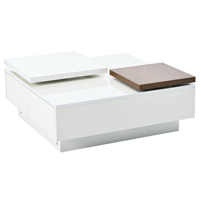 Modern Square Coffee Table with Movable Top and 4 Hidden Storage Drawers, High Gloss Center Table Cocktail Table for Living Room