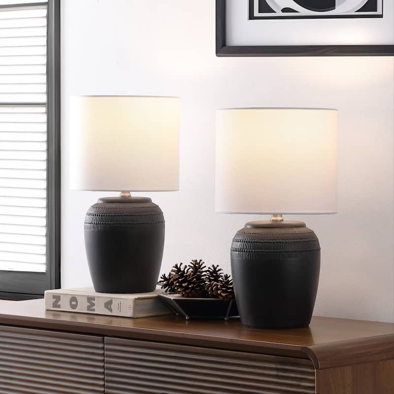 Hugo 16.75" Traditional Rustic Reeded Ceramic Vase LED Table Lamp (Set of 2) - Black Nickel