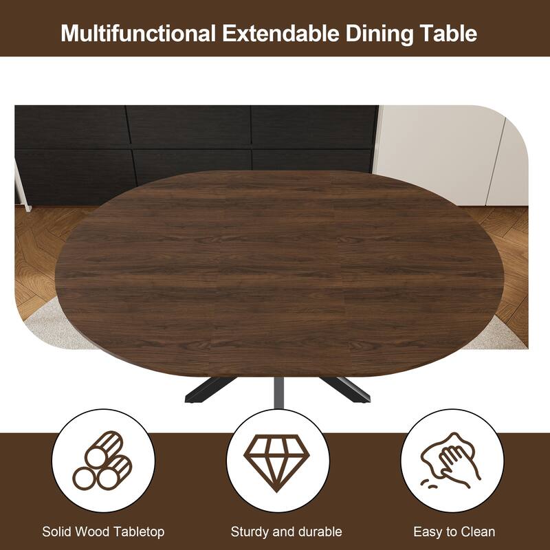 Modern Extendable Round Dining Table for 4-6: Carbon Steel X-Shaped Base, Space-Saving Kitchen & Apartment Table