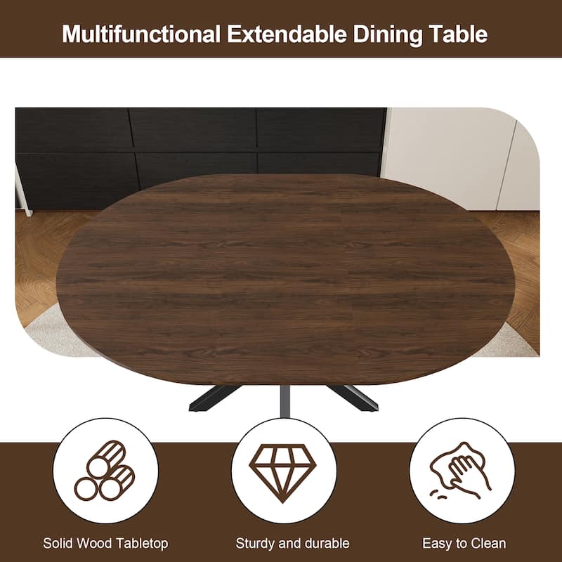 Roomfitters Extendable Round Dining Table, Retractable 42 to 58 Inch Wood Veneer Table with Carbon Steel Base, Walnut Finish