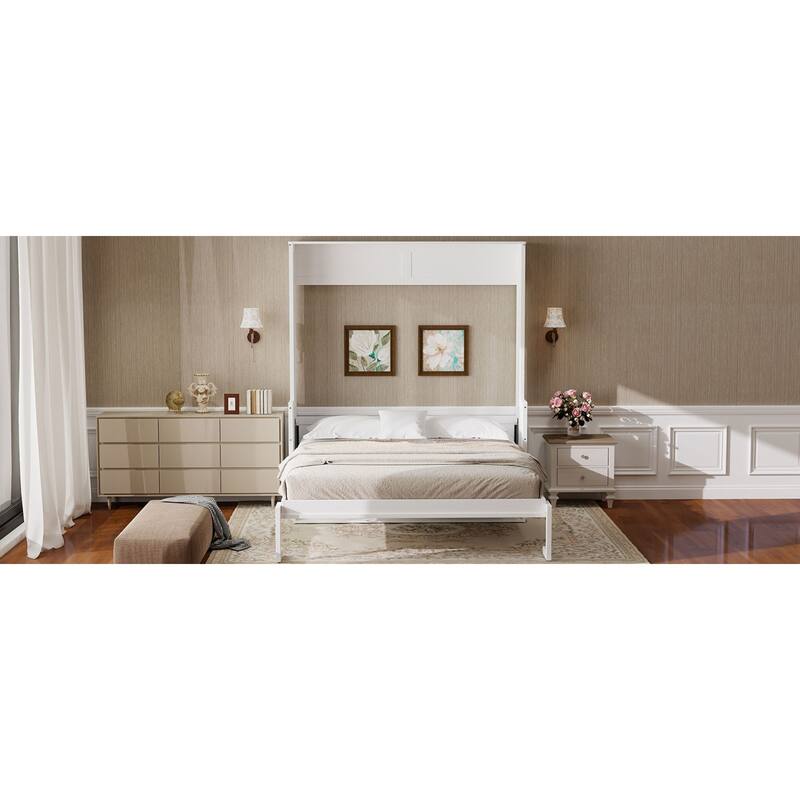 Roomfitters Queen Size Murphy Bed with Folding Desk and USB Charging Ports, Space-Saving Wall Bed with LED Lights