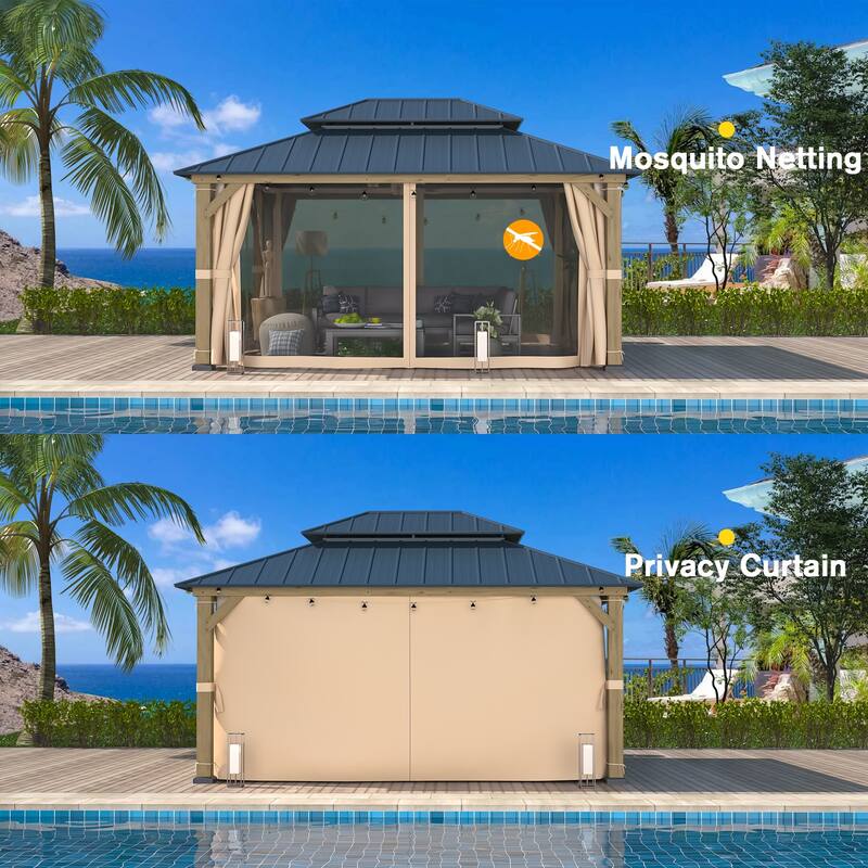 Cedar Wood Gazebo for Outdoors - Hardtop Waterproof Backyard Pergola, Natural Wood Patio Cover with Easy Assembly