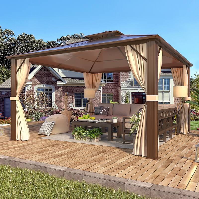 Outdoor Hardtop Gazebo for patio,Polyester Double Roof Canopy, Permanent Pavilion with Aluminum Frame,Curtains & Netting