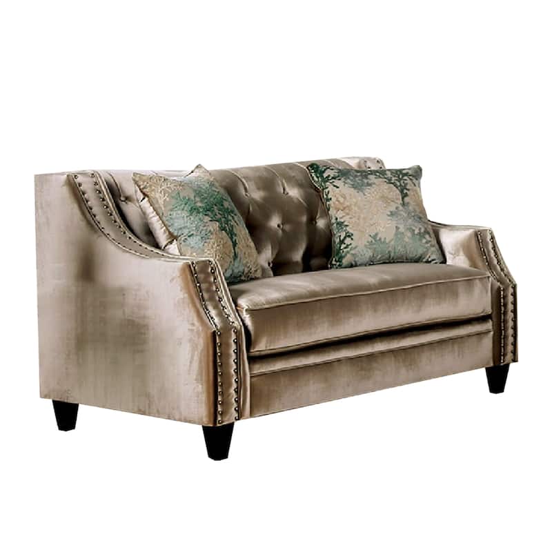 Enny Sofa and Loveseat Set, Bench Style, Champagne Turquoise Chenille