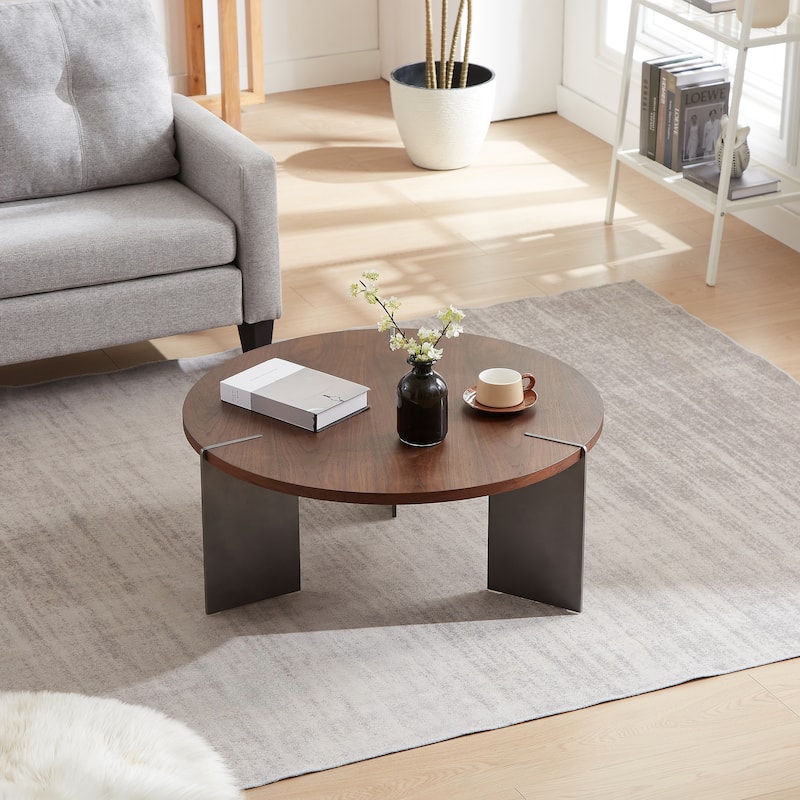 Round Coffee Table Modern Center Table with Oak Decorative Countertops and Frame, for Living Room and Office