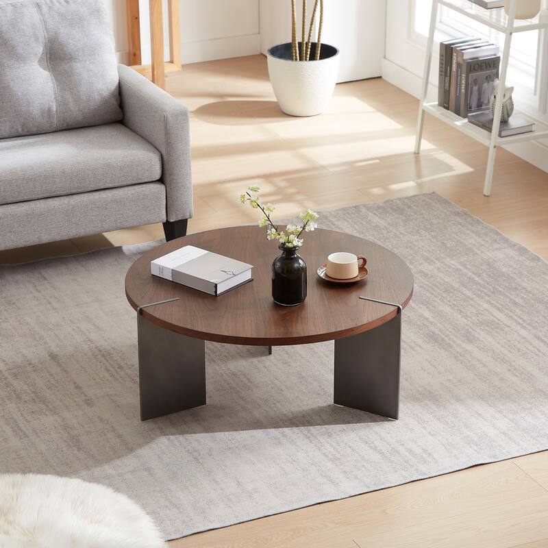 Round Wooden Coffee Table with 3 Black Metel Feet
