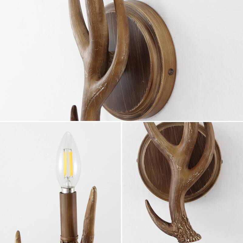 Oakley 5.5" 1-Light Southwestern Bohemian Resin/Iron Faux Antler LED Sconce, Brown Wood Finish (Set of 2) by JONATHAN Y