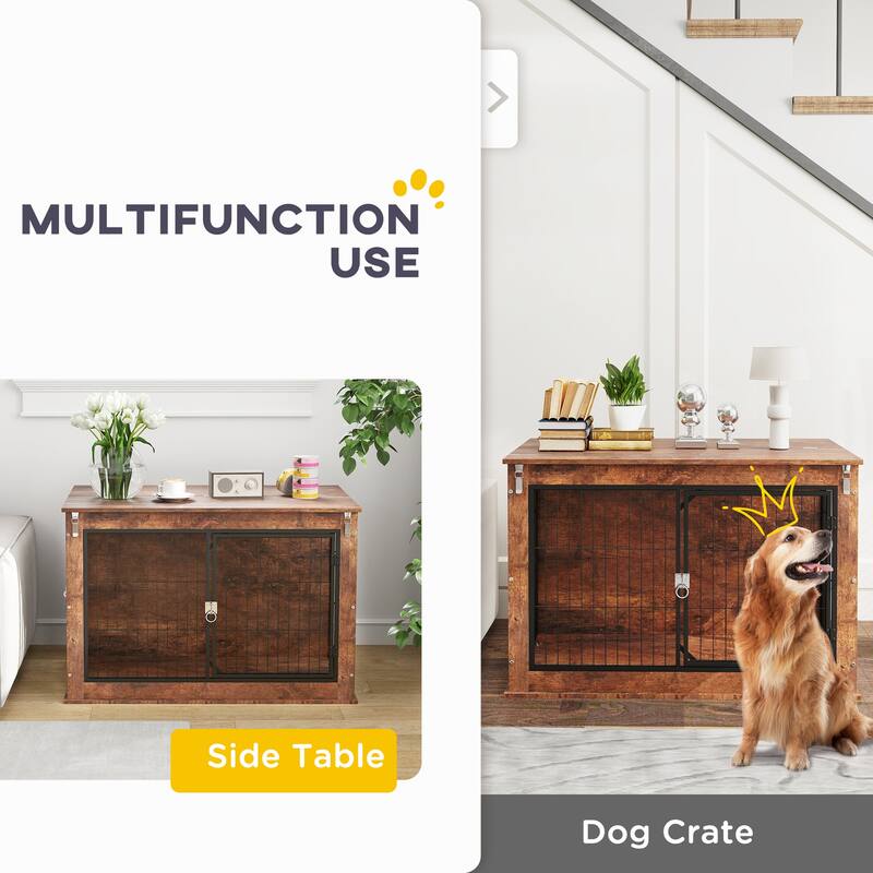 PawHut Dog Crate Furniture with Flip-up Top Opening, 39" Dog Kennel Furniture with 2 Doors, Decorative Dog Cage Side End Table