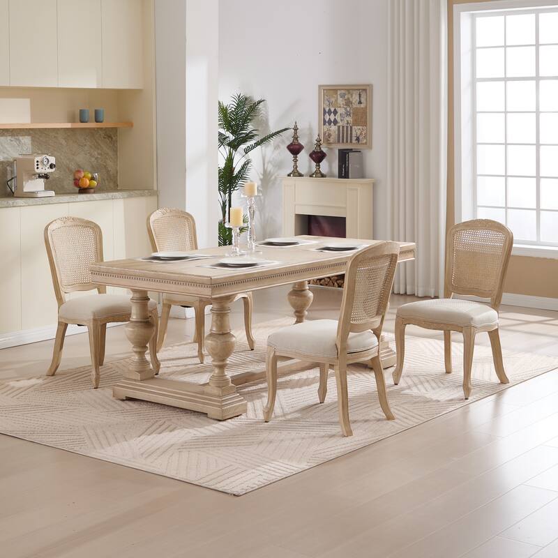 Dining Chairs Set of 2,Upholstered Chairs with Nature Rattan Fan-shaped Back,Wire Drawing And Carving Techniques,Disassemblable