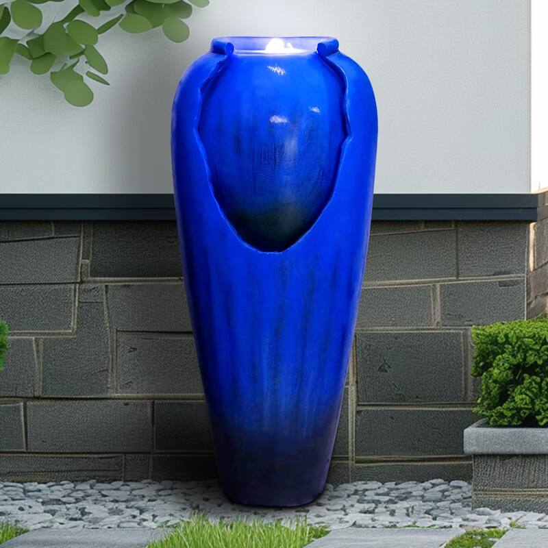 30.7" High Concrete Jar Water Fountain Outdoor, Garden Vase Water Feature - 30.7"H - Blue
