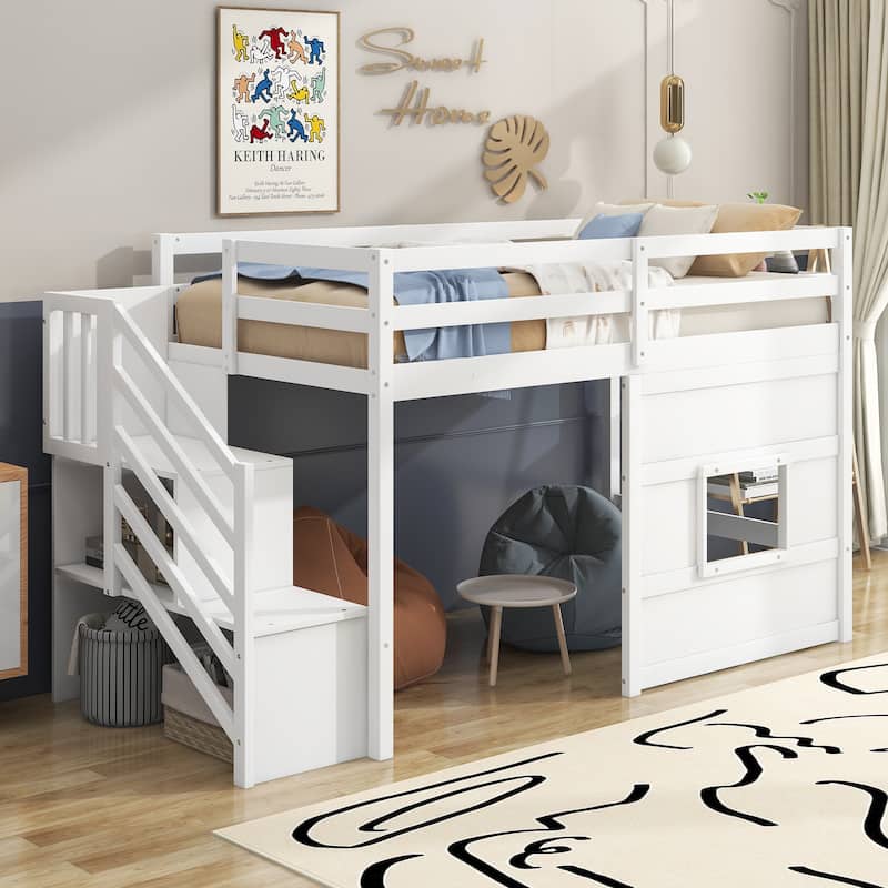 Twin Size Loft Bed with Storage Staircase, Window, and LED Light, White