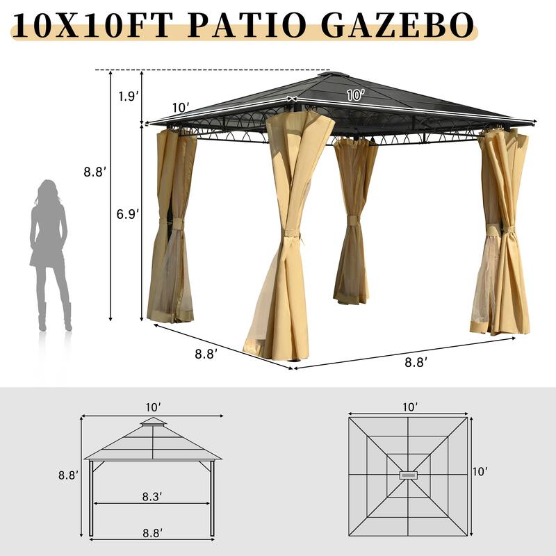 10'x10' Hardtop Outdoor Gazebo with Polycarbonate Roo, Netting & Privacy Screens, Patio Gazebo with Aluminum Frame