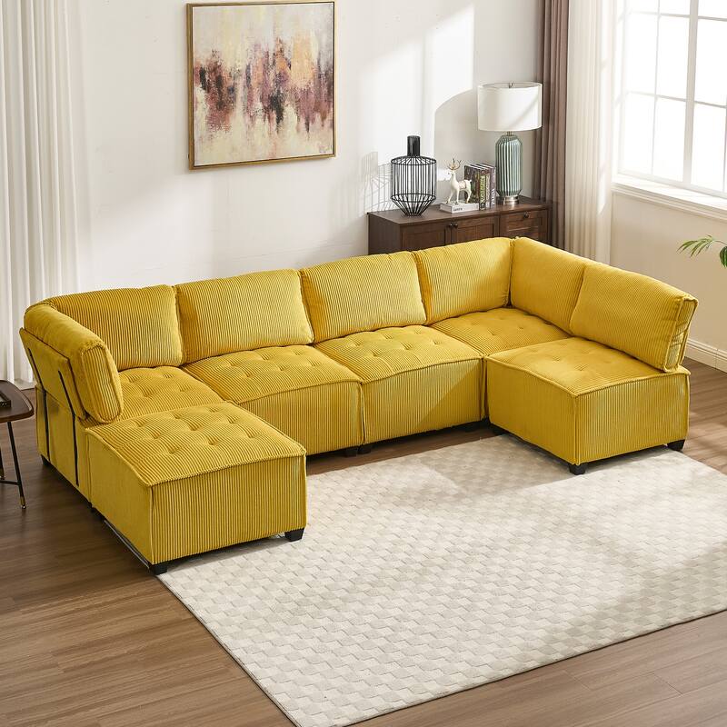 121.26" Corduroy Modular Sectional Sofa 6- Seat U Shaped Couch with Reversible Chaise and Ottoman - Yellow