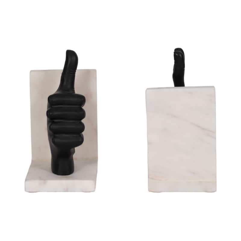 Sagebrook Home Set of 2 Metal Hand Sign Bookends Contemporary Marble Thumbs Up Peace Sign Bookends Book - 5" x 4" x 8"