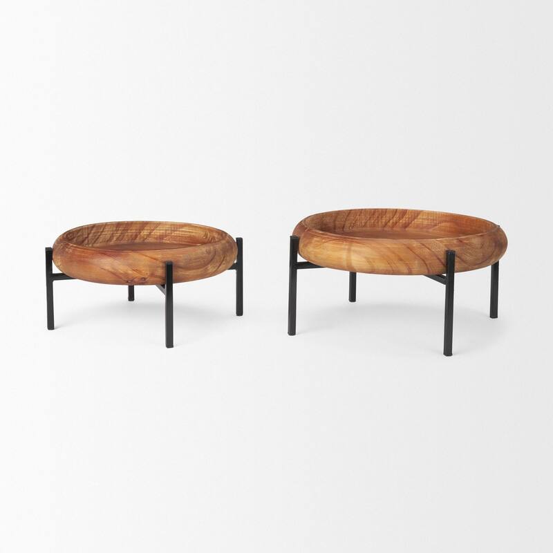 Wally Large & Medium Round Brown Wood Trays (Set of 2) - 14.3L x 14.3W x 6.8H