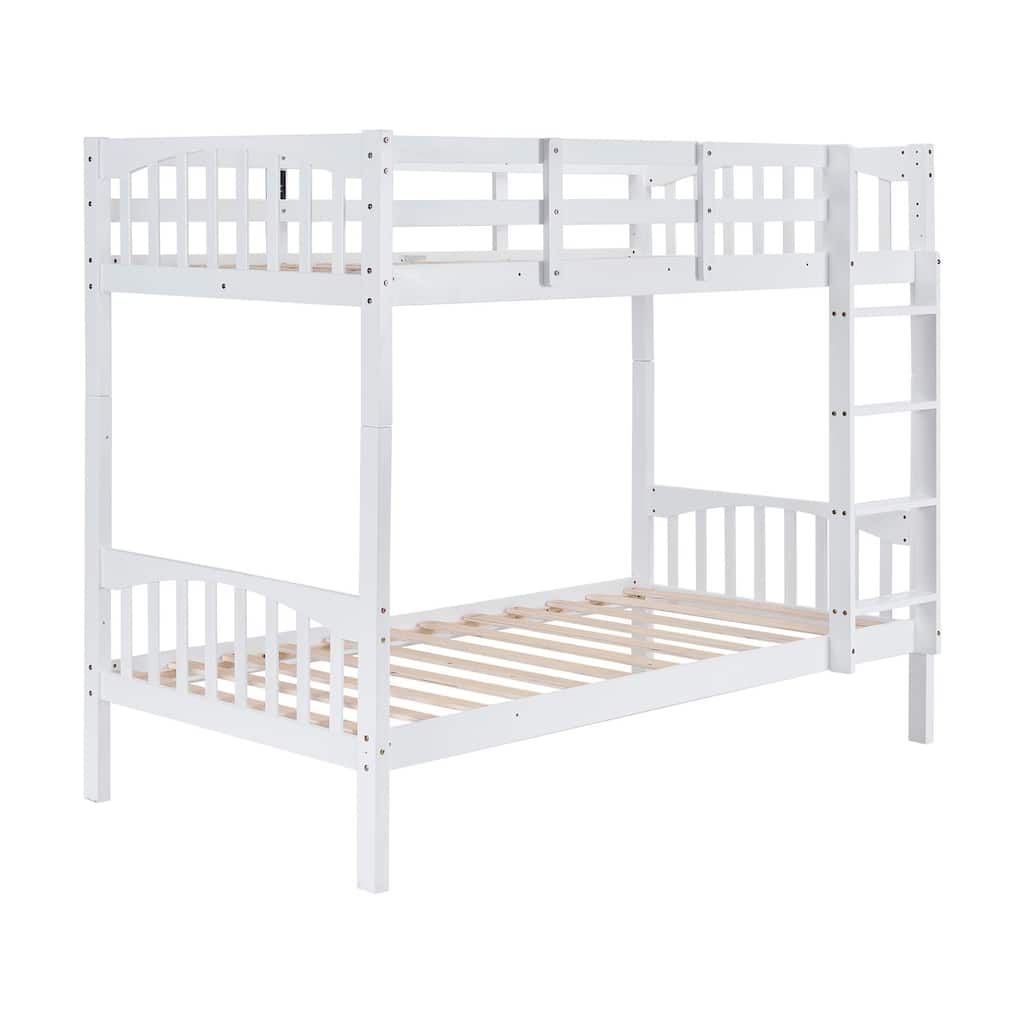 White Bunk Bed Twin Over Twin with LED Lights and USB Port Charge Station