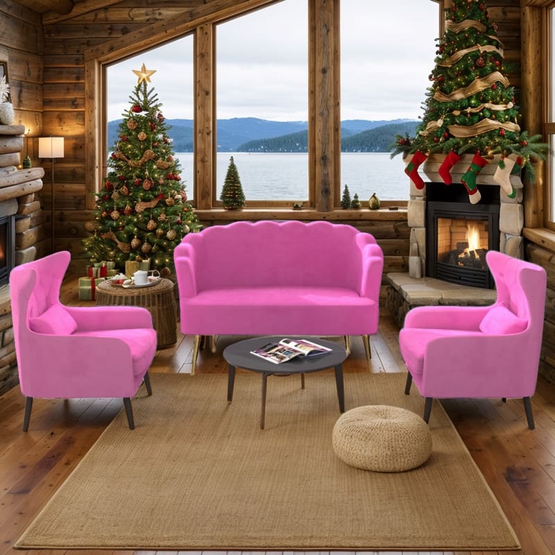 Velvet Tuft Thick Cushion Metal Legs Loveseat Two Accent Chairs