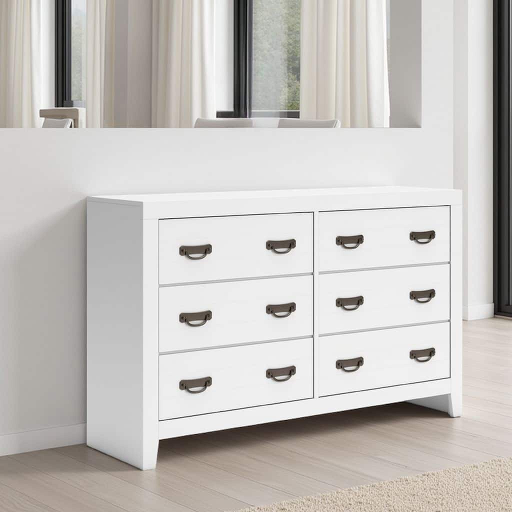 Feo Wide Dresser, 6 Drawers, White Okoume Finish, Solid Hardwood