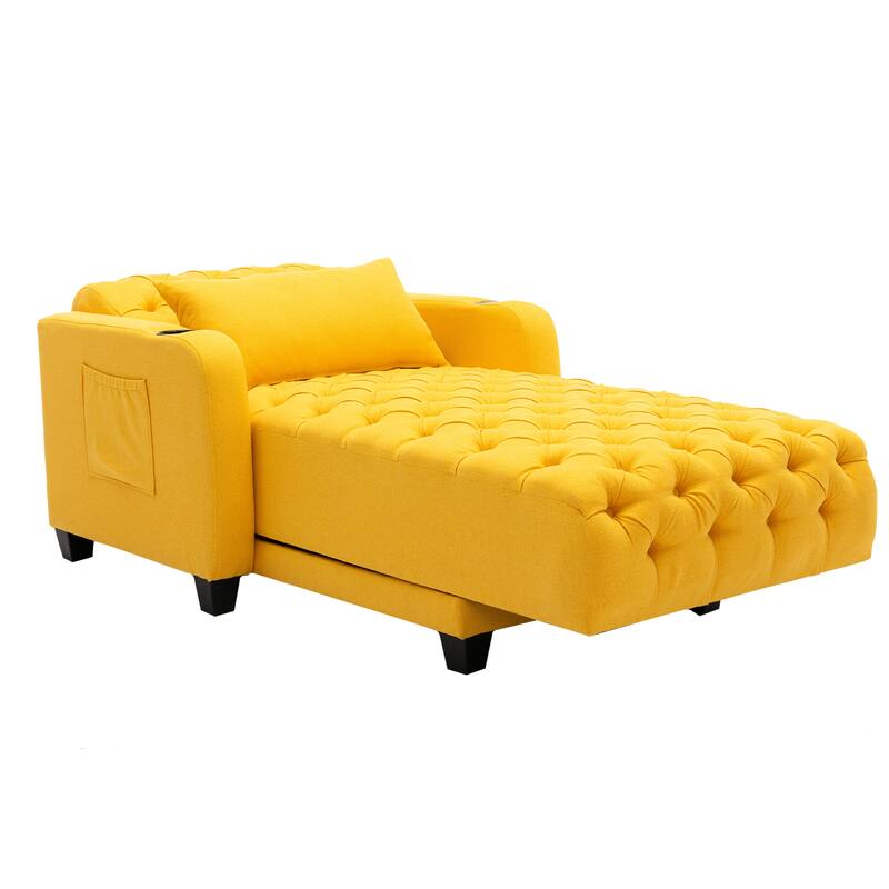 Linen Upholstered Multifunctional Tufted Wireless Charging Leisure Sleeper Armchair with 2 Cup Holders