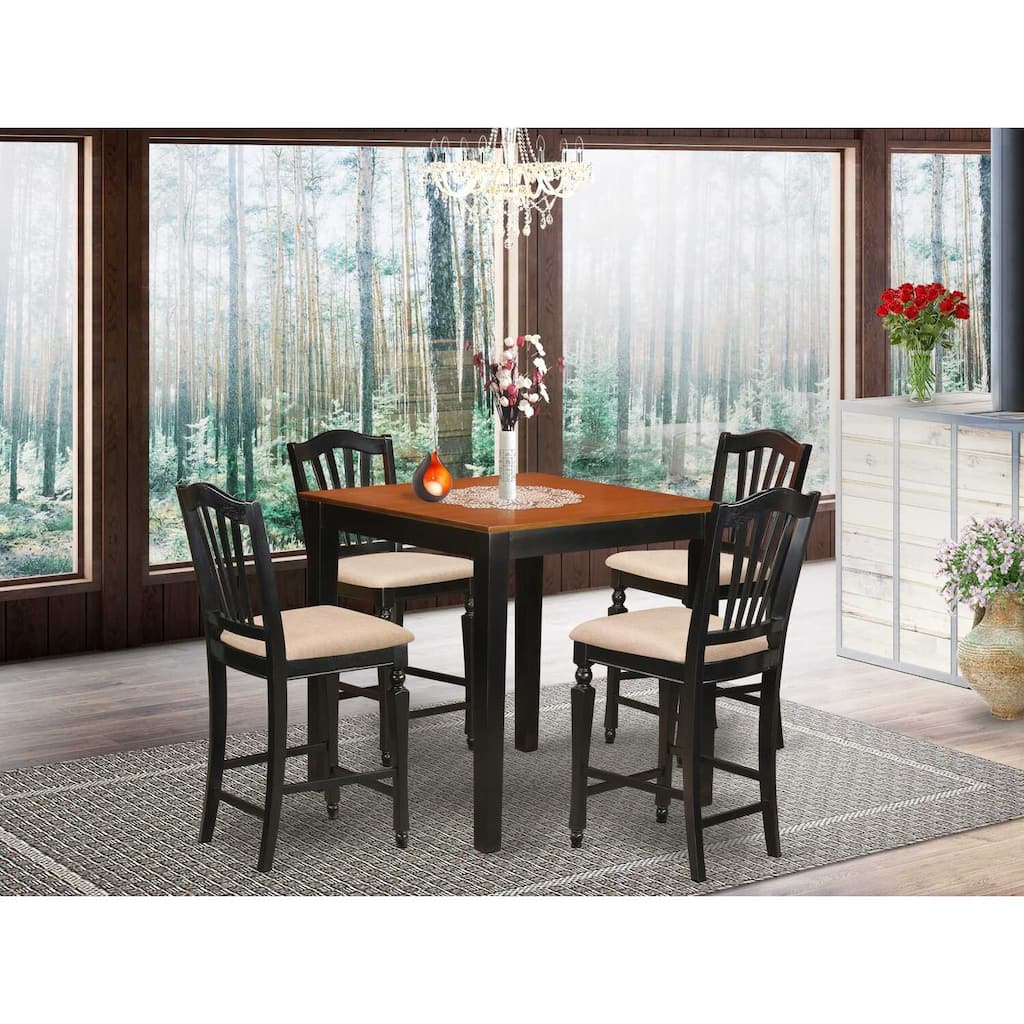 Asian Allure 5 Piece Kitchen Counter Set - Square Table & 4 Linen Chairs - 36x36 Inch - Black Cherry