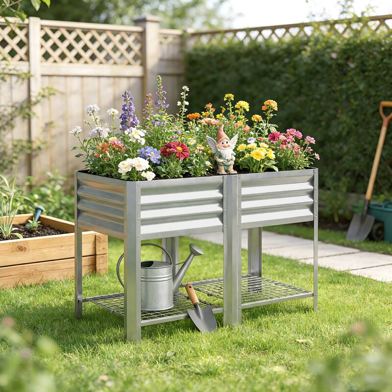 Outsunny Galvanized Steel Raised Garden Bed with Storage Shelf and Bed Liner, Elevated Planter Box with Legs