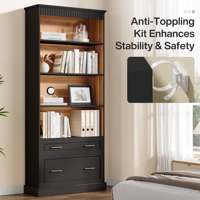 Tall 5-shelf Bookcase Bookshelf with Drawers (Set of 2)