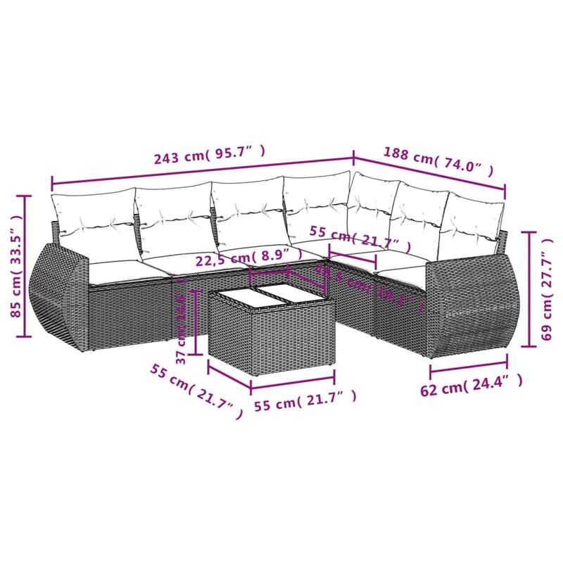 vidaXL 7 Piece Patio Sofa Set with Cushions Gray Poly Rattan - 117.8x27.2x73.7
