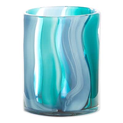 8.25" Blue and Silver Contemporary Ocean Waves Cylindrical Glass Vase