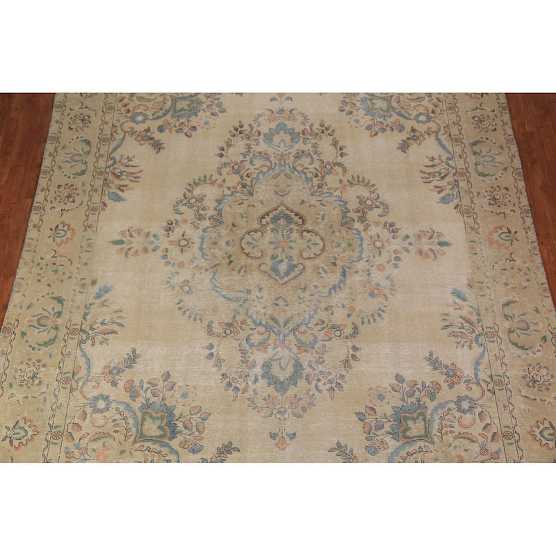 Floral Tabriz Persian Area Rug Beige Bedroom Handmade Wool Carpet - 9'6"x 12'9"
