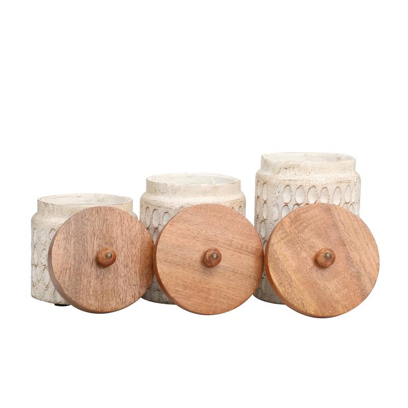 Paper Mache Geometric Handmade Carved Spotted Canisters with Brown Removable Lids - Set of 3 Cream - Roche River Decor